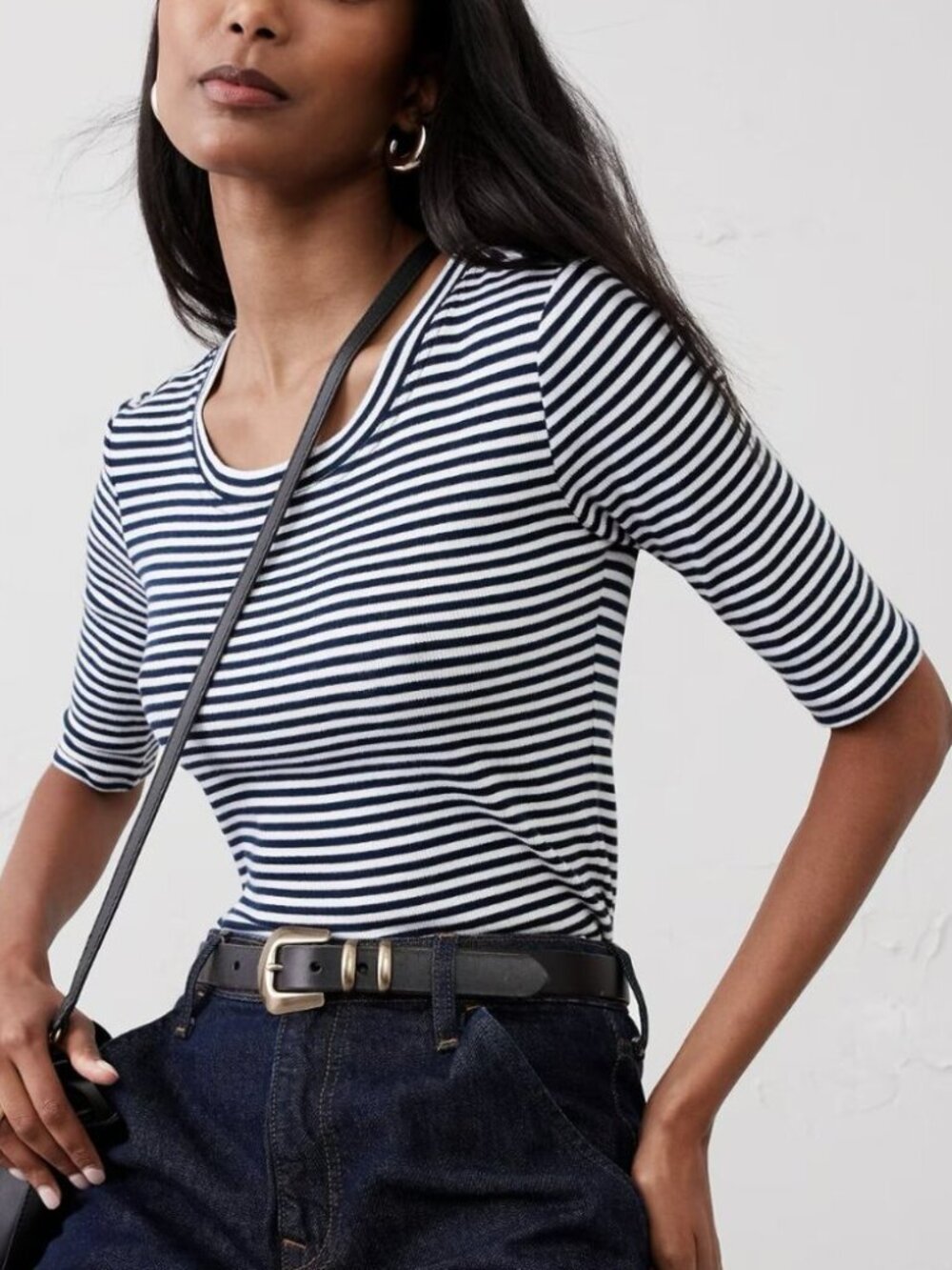 Banana Republic Navy Mini Striped Ribbed Elbow-Sleeve T-Shirt/NWT/SMALL